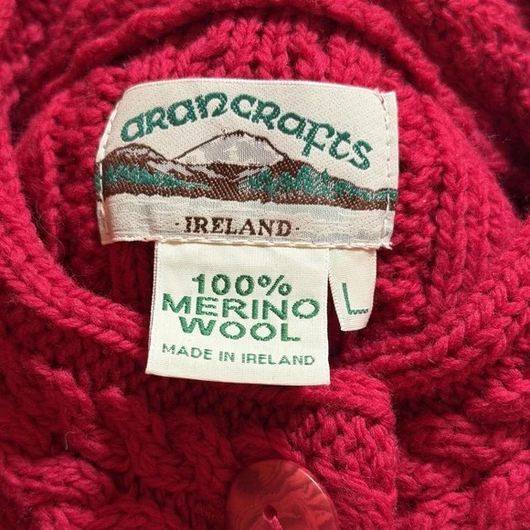 Aran Crafts Long Cardigan Sweater Womens L Red Wool Cable Knit Ireland Fisherman - Picture 8 of 16